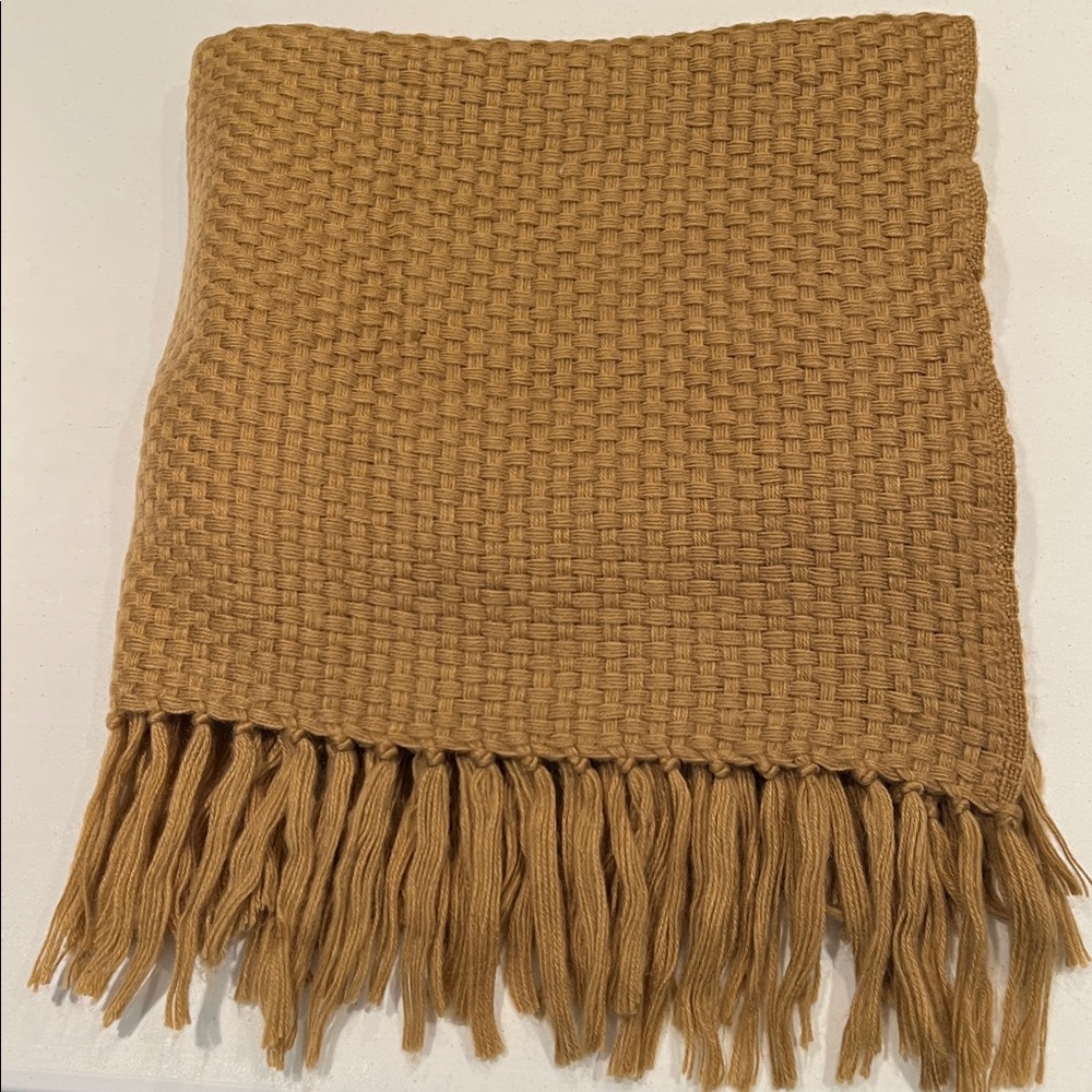 Cozy Basketweave Textured Brown Mustard Acrylic Throw Blanket with Fringe 51x67 - Picture 8 of 8